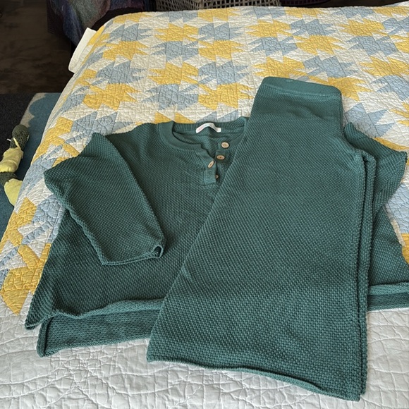 Free People Green Waffle Knit Lounge Set, heavyweight worn and washed x1 - Picture 2 of 3